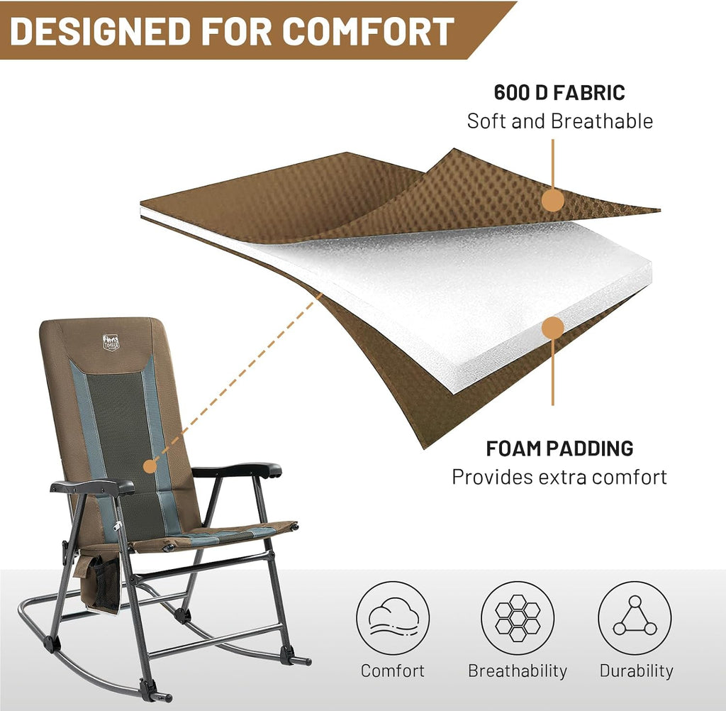 TIMBER RIDGE Outdoor Folding Rocking Chair, 29' Padded High Back Neck & Back Support, Hard Armrests for Easy Stand Up, Stable Steel Frame Supports 300 lb, Quick Fold for Patio, Lawn & RV Camping,Brown