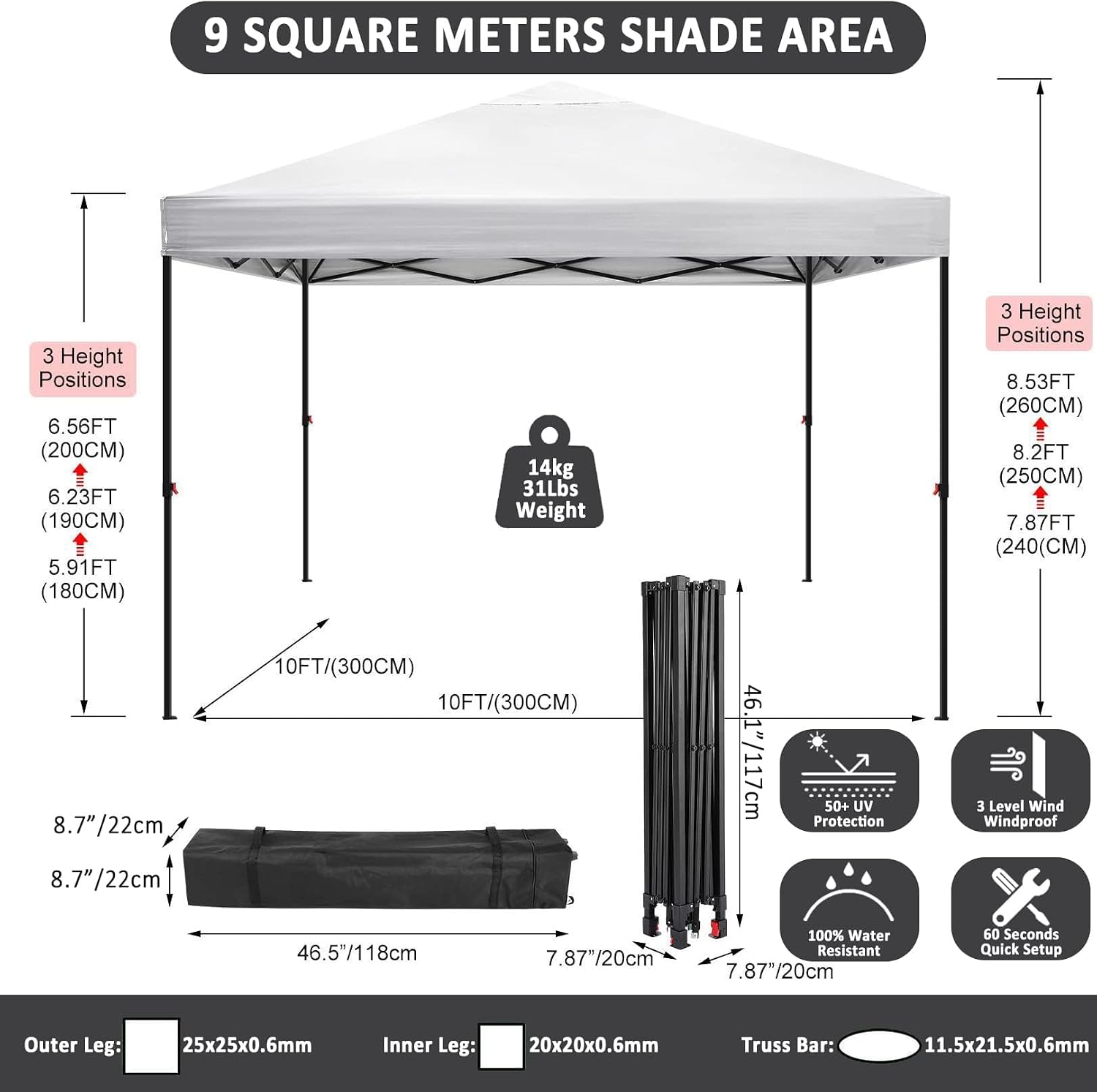 COBIZI Waterproof Stable Winterproof Pavilion with Bag with Wheels,Pop Up Folding Pavilion Party Tent,1 Person Install Sun Protection Garden Pavilion for Beach Wedding Camping