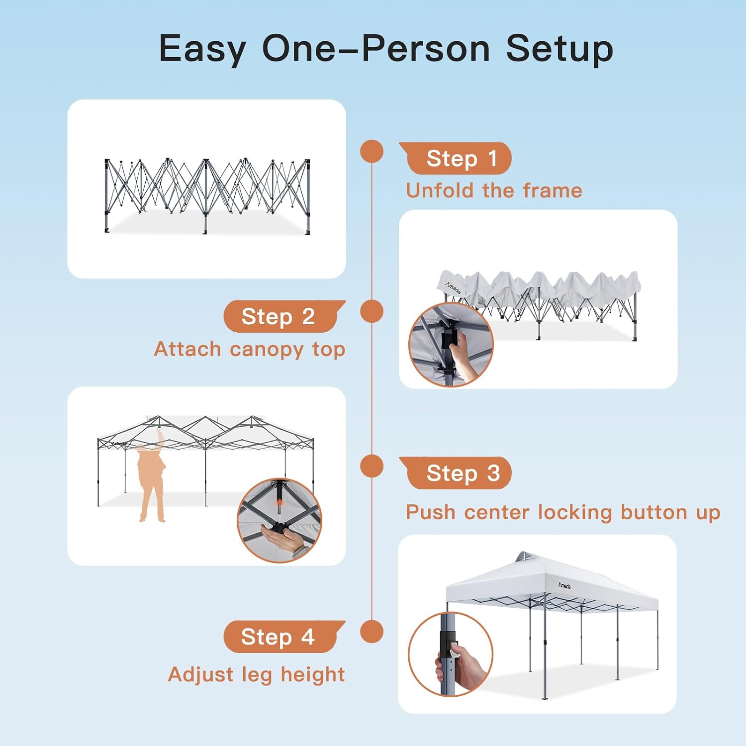 Amada 20x10 Pop Up Canopy Tent - Center Lock One Push Commercial Instant Canopies with 3-Height Adjustable & Wheeled Bag, 12 Stakes 6 Sandbags 6 Ropes, Great for Trade Shows, Events (20x10ft, White)
