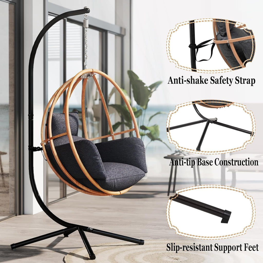 Hanging Egg Chair with Stand, Egg Swing Chair Outdoor for Balcony, Patio Hanging Egg Chairs with Cushions for Relaxation in Bedrooms, Gardens, Black