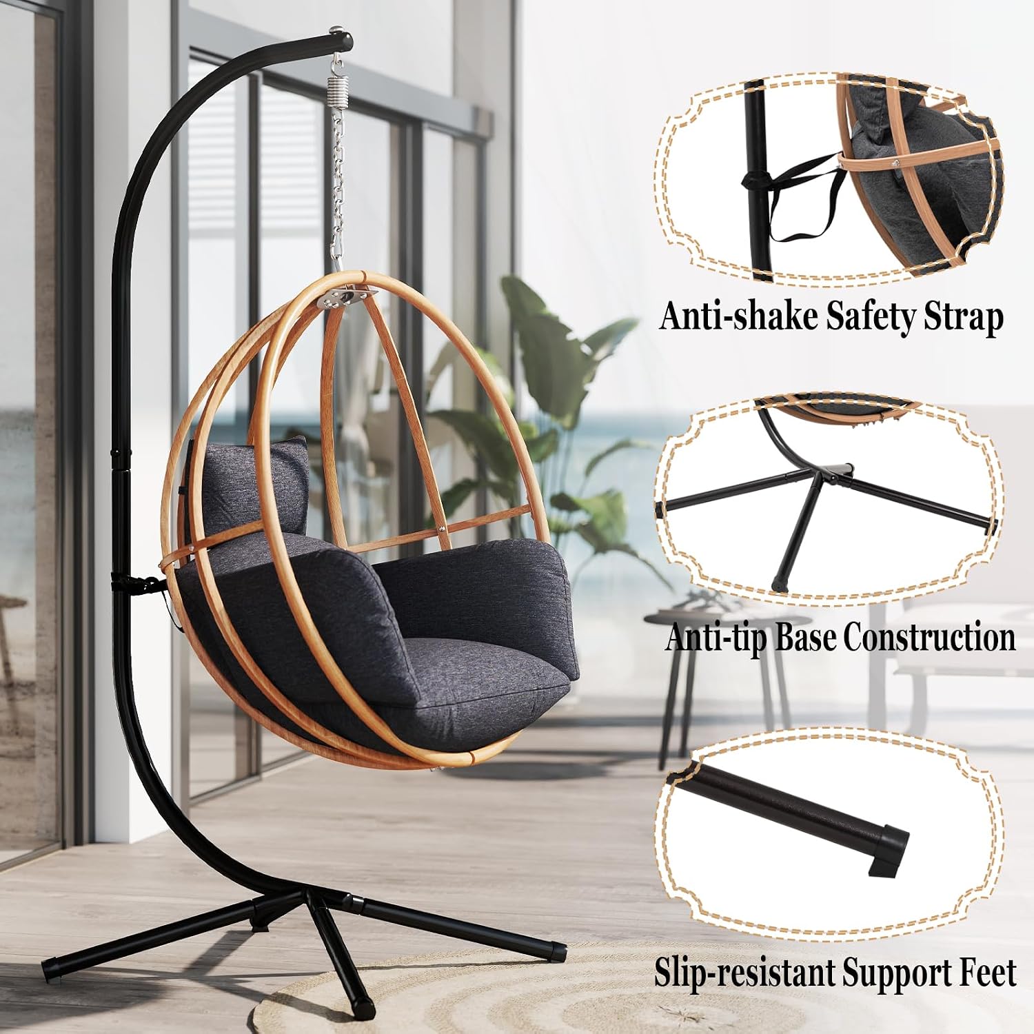 Hanging Egg Chair with Stand, Egg Swing Chair Outdoor for Balcony, Patio Hanging Egg Chairs with Cushions for Relaxation in Bedrooms, Gardens, Black