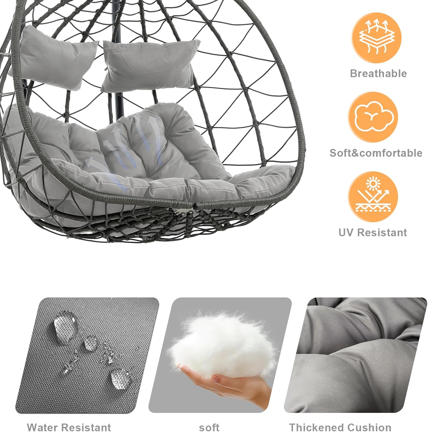 Double Egg Swing Chair with Stand, 2 Person Outdoor Indoor Hammock Hanging Chair with Cushion,Patio Wicker Hanging Egg Chair w/Cushion 700LBS Capacity for Bedroom, Balcony, Garden