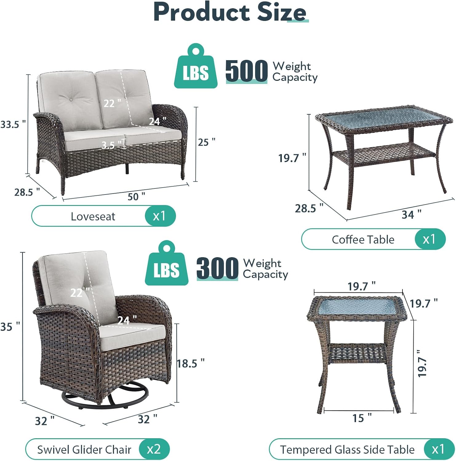 5 Piece Patio Furniture Set - Wicker Patio Conversation Set with Swivel Glider, Loveseat Bench, Tempered Glass Side Table and Coffee Table for Deck Backyard - Brown Wicker Beige Cushion
