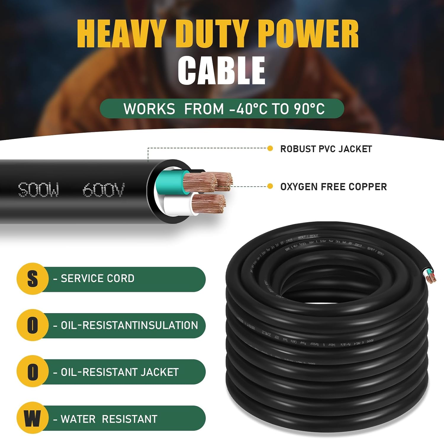 50ft 6/4 6 AWG Portable SOOW Bulk Cable (4 Conductor) - SOOW 600V 6 Gauge Electric Wire for Welder,Generator, Portable Lights, EV Car Chargers,Industrial,Outdoor Use- 50 Feet Electrical So Cord