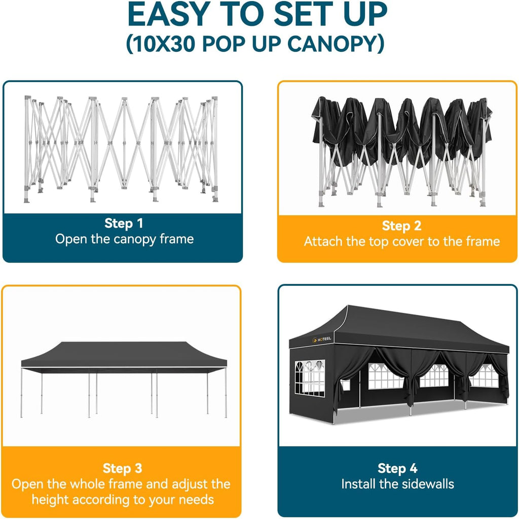 Hoteel 10x30 Pop Up Canopy Heavy Duty with 8 Sidewalls, Waterproof Outdoor Event Tents, Easy Set-up Instant Tent with Hand Bag, Rope & Nail, Hexagonal Leg (1-Year Warranty,Upgrade)