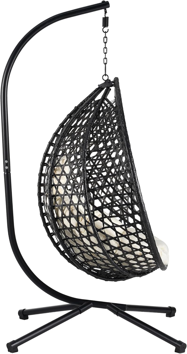 Sturdy Hammock Chair with Stand, Durable Hanging Egg Chair with Rattan Weaving,Comfortable Indoor Outdoor Swing Chairs with Soft Removable Cushion,Suitable for Balcony, Bedroom,or Garden, Black+Beige