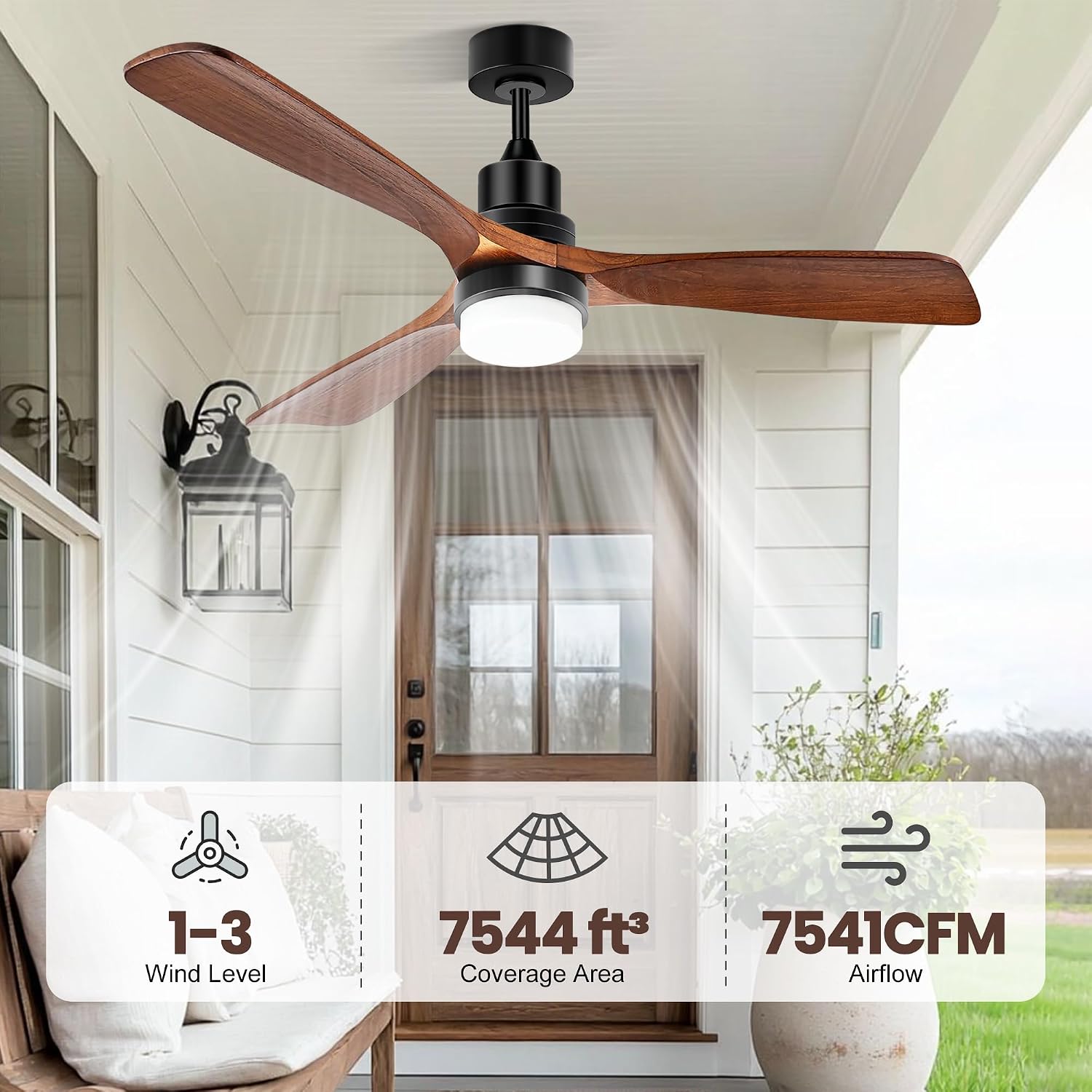 Outdoor Ceiling Fan with Light & Battery, 52' Solar Ceiling Fans for Outside 3 Speeds, Quiet Wood Walnut Fan with Adjustable Thermostat for Gazebo, Patios