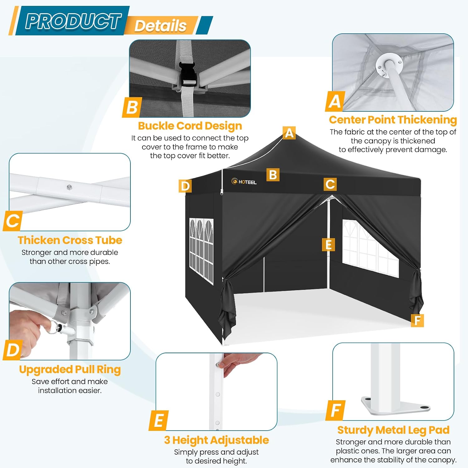 Hoteel 10x10 Pop Up Canopy Tent Heavy Duty with 4 Sidewalls, Waterproof Party Tent, Easy Set-up Commercial Instant Tents with Hand Bag & Rope & Nail, Hexagonal Leg (1-Year Warranty)