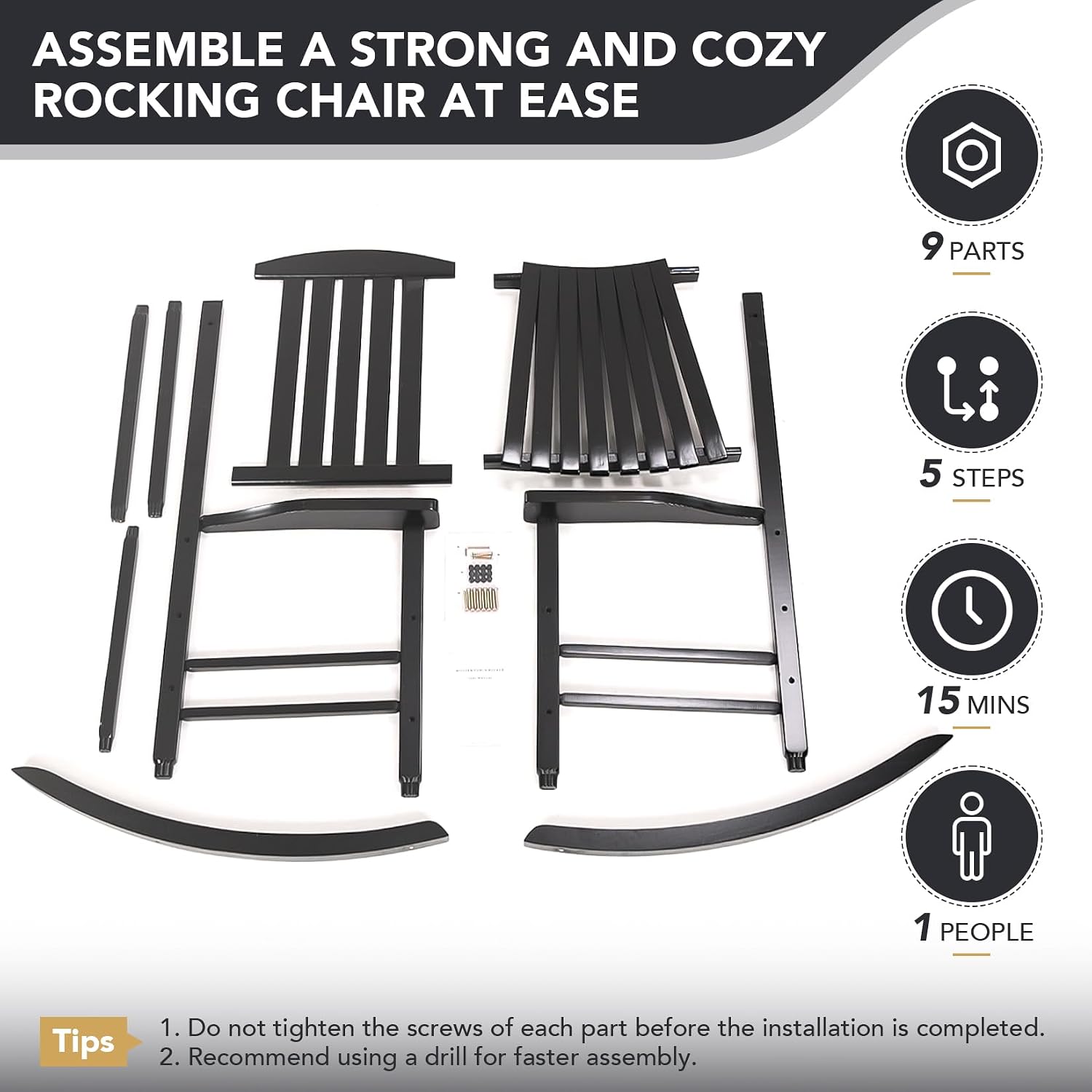 Wooden Outdoor Rocking Chair, Oversized Patio Rocking Chair w/400lbs Support & High Backrest | Porch, Lawn, Garden, Backyard，Black