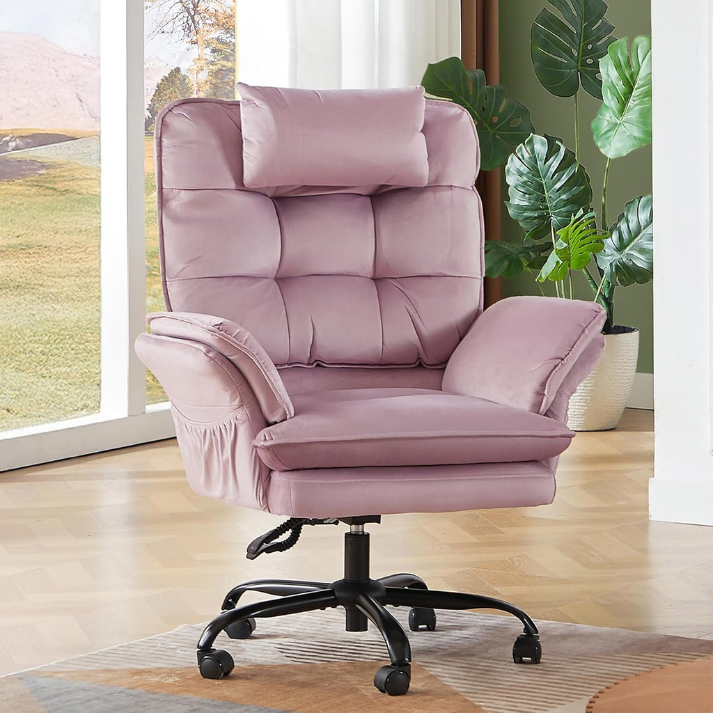 Bestier Criss Cross Chair with Flip-Up Armrests and Headrest, 135° Reclining Swivel Executive Chair with Side Pockets, Big and Tall Computer Desk Chair for Home Office Bedroom, Pink Velvet