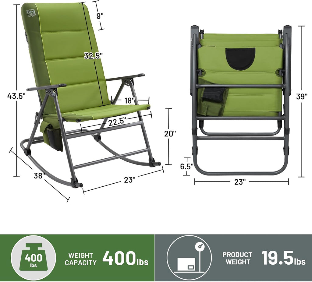 Timber Ridge Oversized Folding Rocking Camping Chair, Padded Outdoor Rocker with High Back, Portable Outdoor Chair for Patio, Garden, Lawn, Supports up to 400 lbs, Green