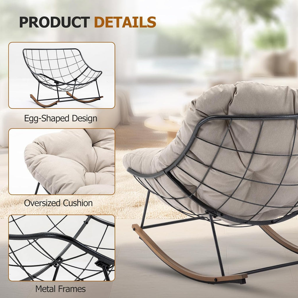 Outdoor Rocking Chair, 400 lbs Sturdy Frame with Thick Cushion,Patio Papasan Chair for Bedroom, Living Room, Porch, Garden(Beige)