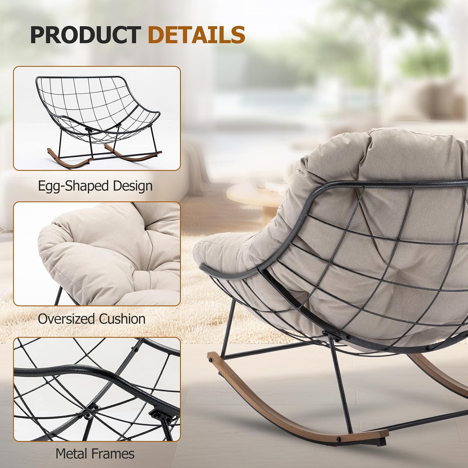 Outdoor Rocking Chair, 400 lbs Sturdy Frame with Thick Cushion,Patio Papasan Chair for Bedroom, Living Room, Porch, Garden(Beige)