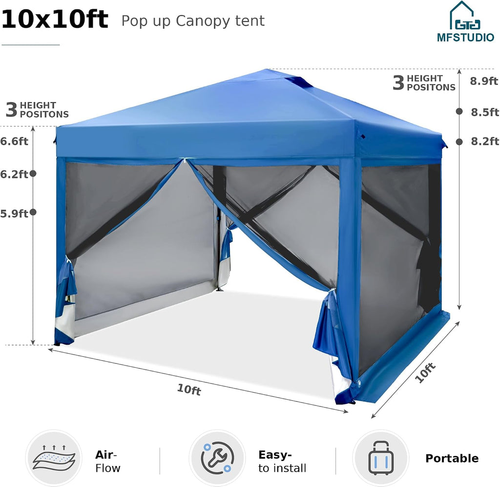 MFSTUDIO 10'x10' Pop Up Canopy Tent with Netting, Portable Instant Folding Canopy, Outdoor Canopy Screen Event Tent with 4 Zippered Mesh Netting for Garden, Blue