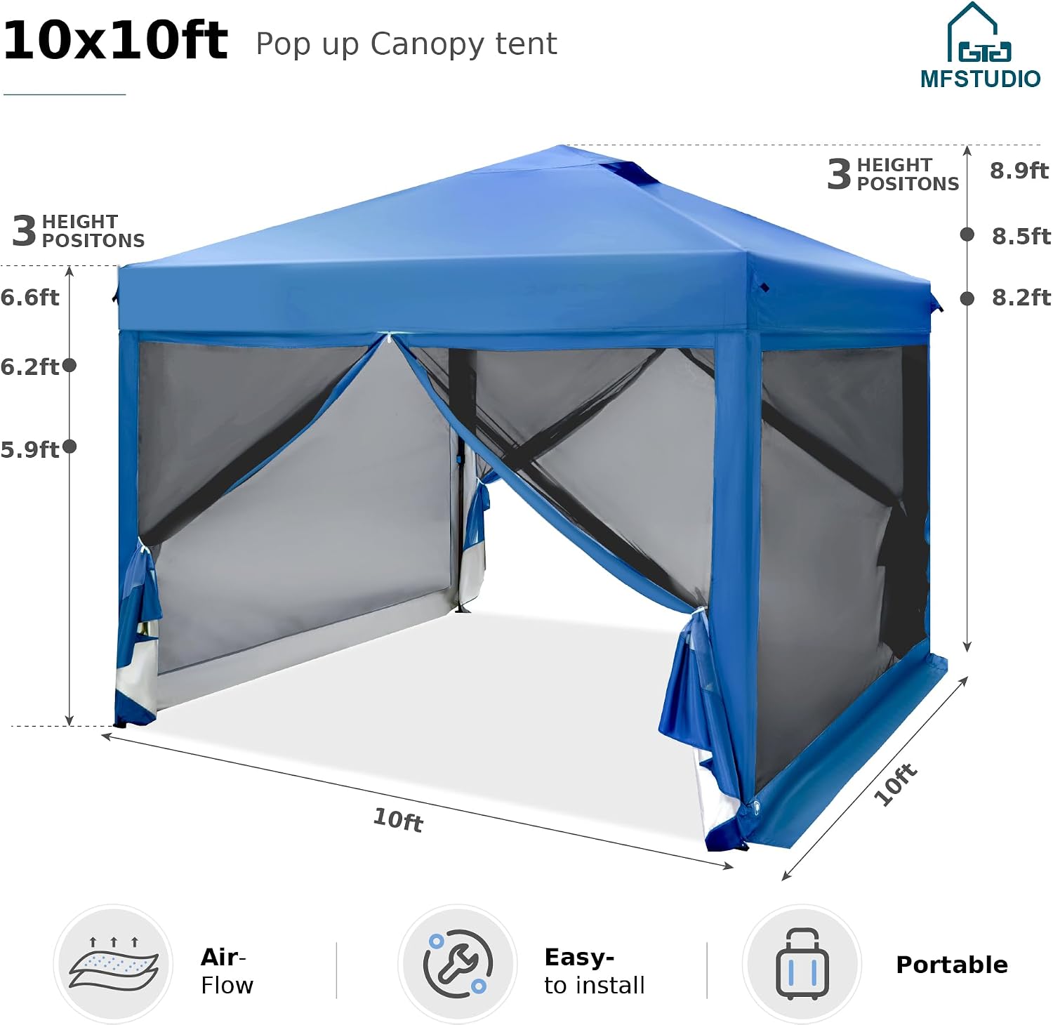 MFSTUDIO 10'x10' Pop Up Canopy Tent with Netting, Portable Instant Folding Canopy, Outdoor Canopy Screen Event Tent with 4 Zippered Mesh Netting for Garden, Blue