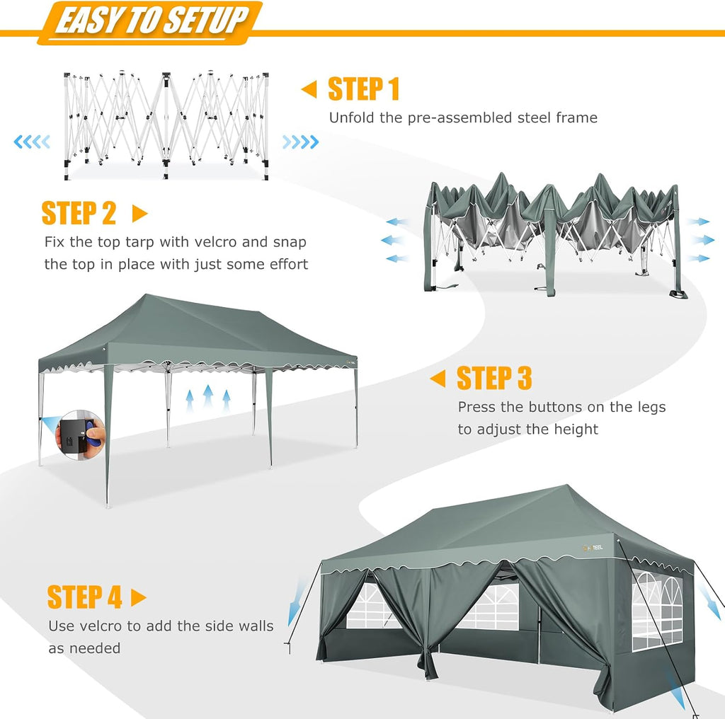 HOTEEL 10x20 Pop Up Canopy Tent with 6 Sidewalls, Waterproof UV50+ Outdoor Shelter for Parties and Events, Easy Setup with Wheeled Bag & 4 Weight Bags, Gray