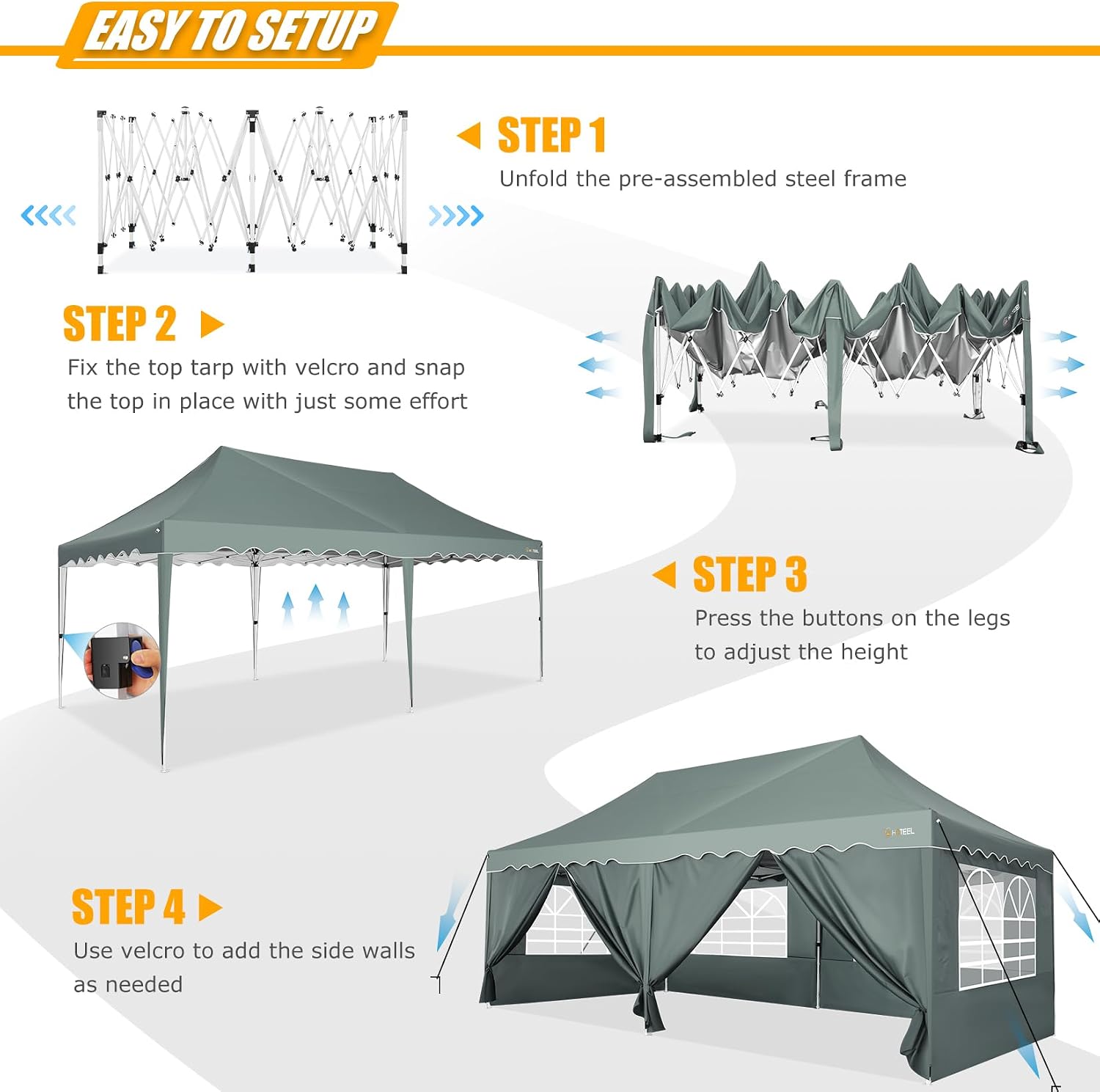 HOTEEL 10x20 Pop Up Canopy Tent with 6 Sidewalls, Waterproof UV50+ Outdoor Shelter for Parties and Events, Easy Setup with Wheeled Bag & 4 Weight Bags, Gray