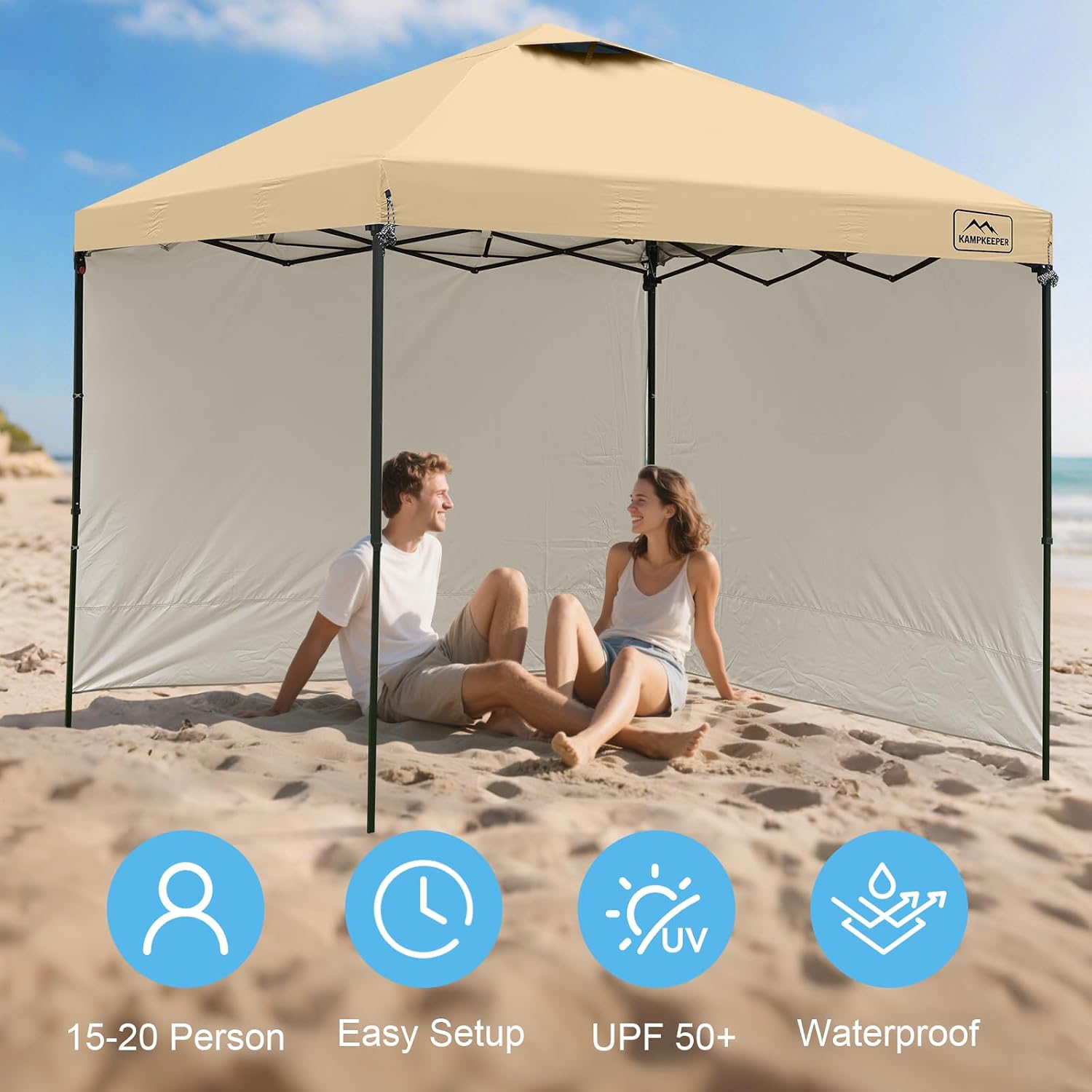KAMPKEEPER 10x10 Easy Pop Up Canopy Tent with Sidewalls, Instant Outdoor Shade Shelter with Removable 10FT Sun Walls, Quick Setup Waterproof and UV-Resistant for Patio (Khaki, 10x10FT with 2 sidewall)
