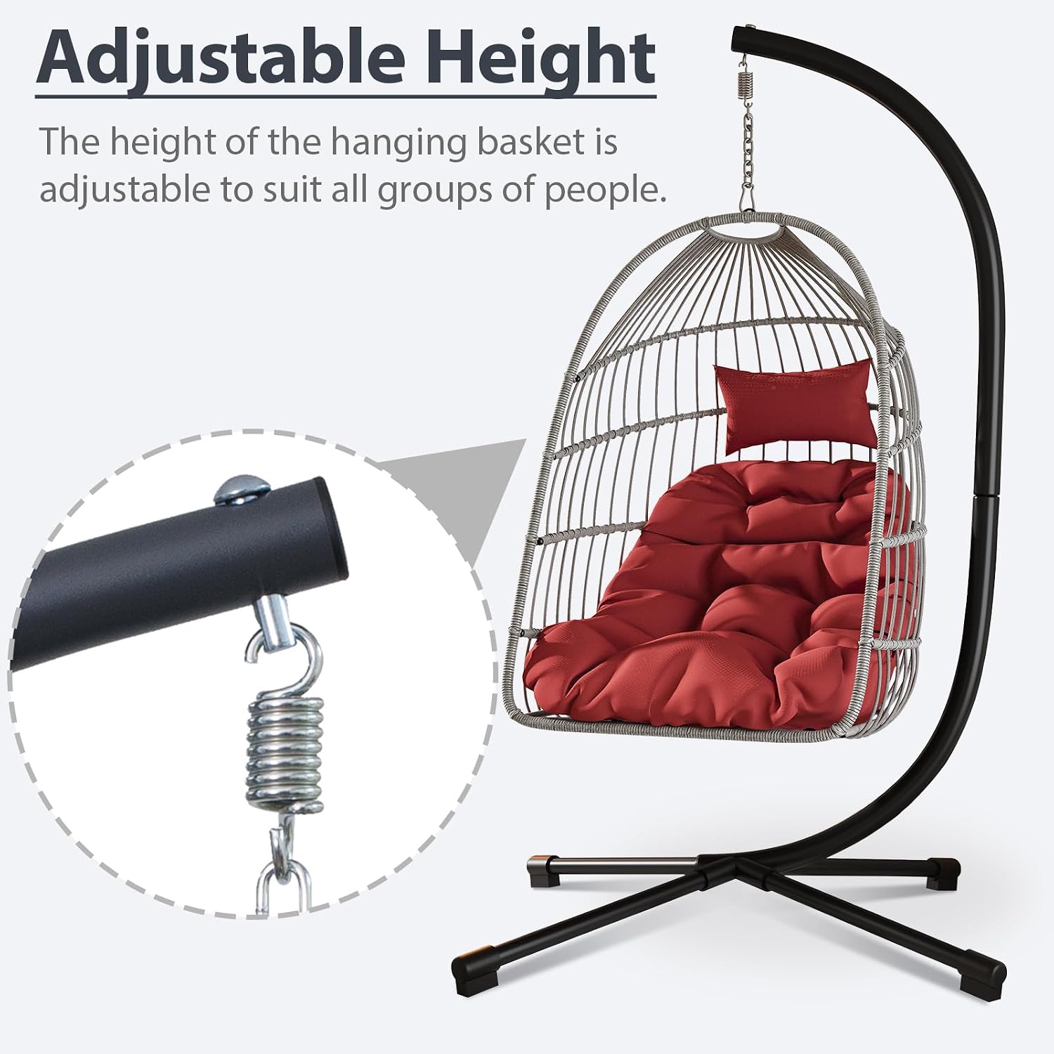 Foldable Hanging Egg Chair with Stand, HDPE Rattan and Heavy Duty Aluminum-Steel Frame, Outdoor Patio Wicker Swing Egg Chair with Headrest and Cushion, 350 Lbs Capacity, Red