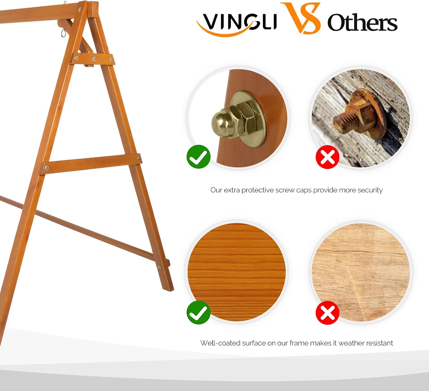VINGLI 6.9FT Porch Swing Frame, 660 LBS Heavy Duty A-Frame Wooden Porch Swing Stand with Bottom Connection Bar for 5FT Porch Swing, Upgraded Wood Swing Hanger for Garden Patio (Brown, 6.9FT)