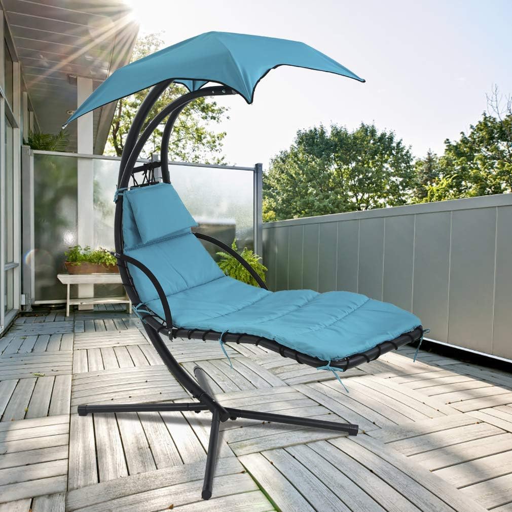 Hammock Chair Hanging Chair Lounge Chairs Outdoor Porch Swing Arc Stand with Canopy Umbrella and Pillow, 280 LBS Capacity, Heavy Duty Large Air Floating Chaise Chair for Patio Backyard Deck - Blue