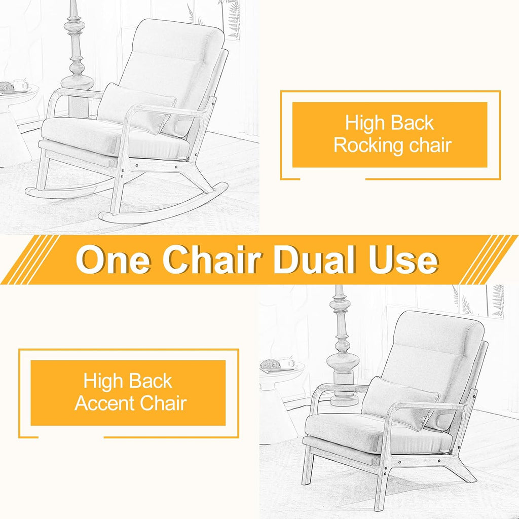 Karl home Nursery Rocking Chair Removable Glider Rocker High Backrest Rocking Armchair Mid-Century Accent Chair with Lumber Pillow for Bedroom, Living Room, Nursery, Light Gray