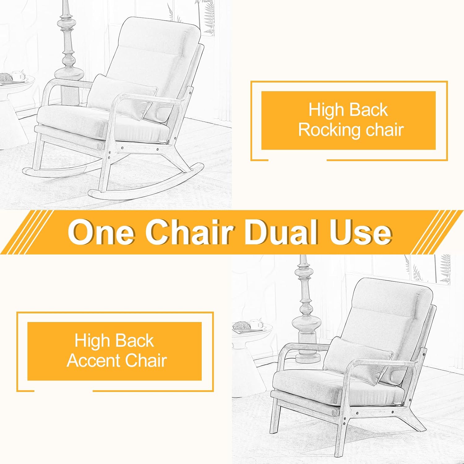 Karl home Nursery Rocking Chair Removable Glider Rocker High Backrest Rocking Armchair Mid-Century Accent Chair with Lumber Pillow for Bedroom, Living Room, Nursery, Light Gray