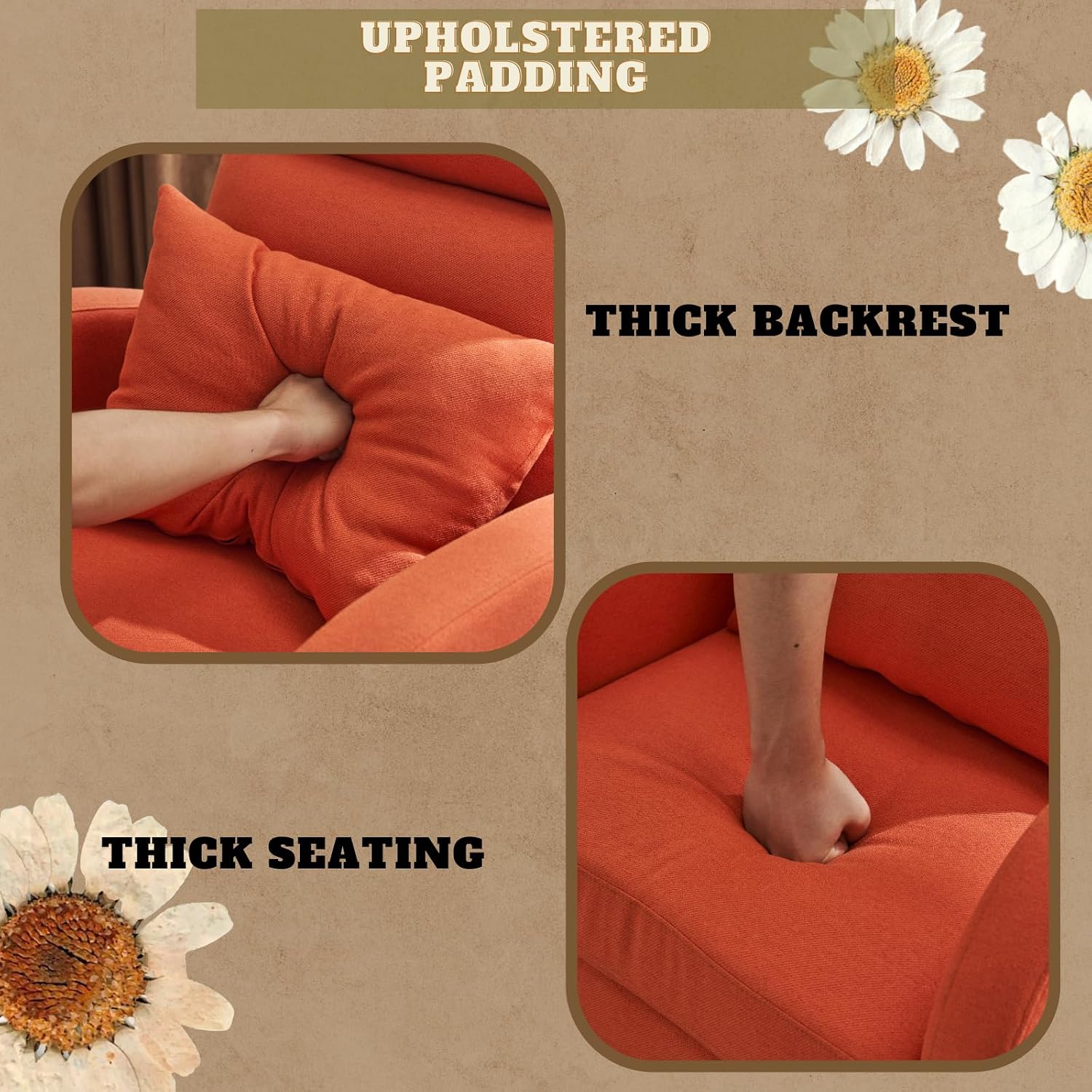 VINGLI Orange Linen Rocking Chair Nursery with Thick Headrest, Upholstered Mid-Century Modern Nursing Rocker Glider with Curved Armrest, Sturdy Solid Wood Base for Living Room, Bedroom, Baby Room