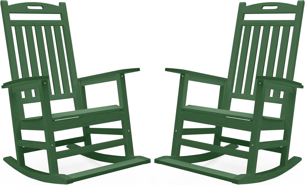 PLUUV Outdoor Rocking Chairs Set of 2, HDPE Patio Rocking Chair with Footboard, All Weather Porch Rockers Outdoor for Adult, Effortless Installation, Dark Green