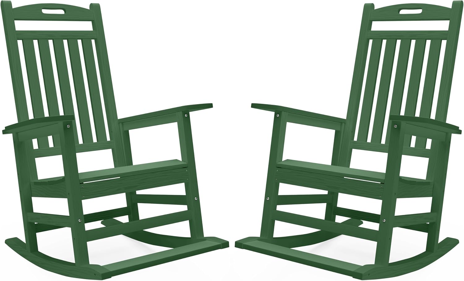 PLUUV Outdoor Rocking Chairs Set of 2, HDPE Patio Rocking Chair with Footboard, All Weather Porch Rockers Outdoor for Adult, Effortless Installation, Dark Green