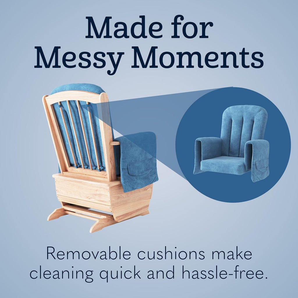 Foundations SafeRocker Standard Glider Rocker - Baby Feeding and Rocking Chair for Nursery, Daycare Environment - Nursery Rocking Chairs with Wood Skirt Base - Blue Microfiber
