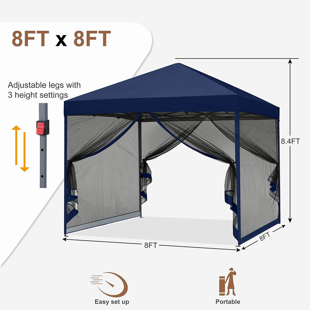 MASTERCANOPY Pop-Up Easy Setup Outdoor Canopy with Netting Screen Walls (8x8, Navy Blue)
