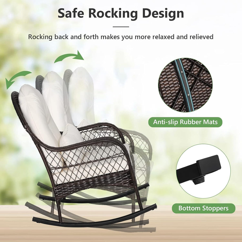 MEDIMALL Outdoor Wicker Rocking Chair, Patio Rattan Rocker w/Lumbar Pillow, Padded Seat & Back Cushions, Metal Frame, Mix Brown Wicker Furniture for Balcony, Porch, Deck, Backyard (Off White)