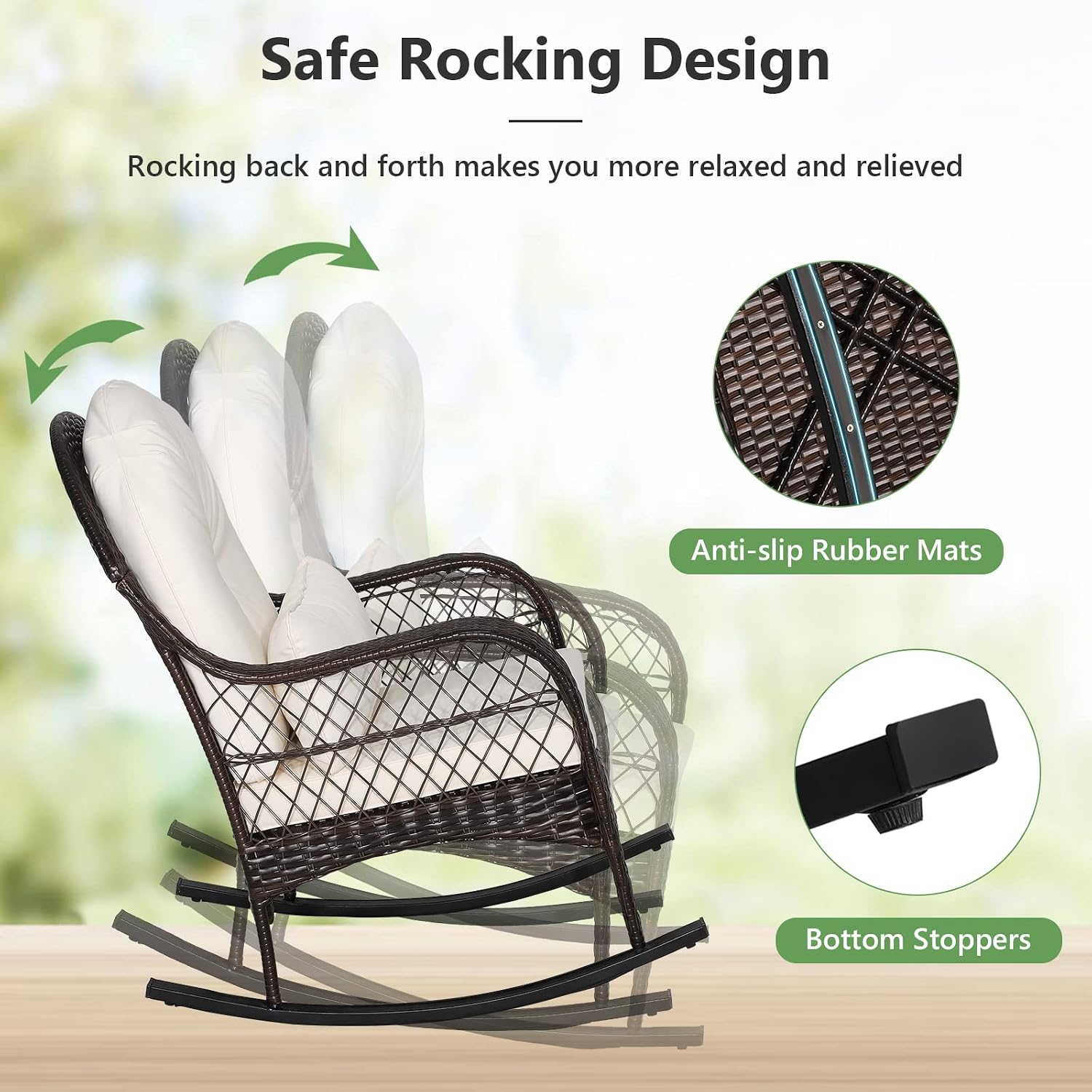 MEDIMALL Outdoor Wicker Rocking Chair, Patio Rattan Rocker w/Lumbar Pillow, Padded Seat & Back Cushions, Metal Frame, Mix Brown Wicker Furniture for Balcony, Porch, Deck, Backyard (Off White)