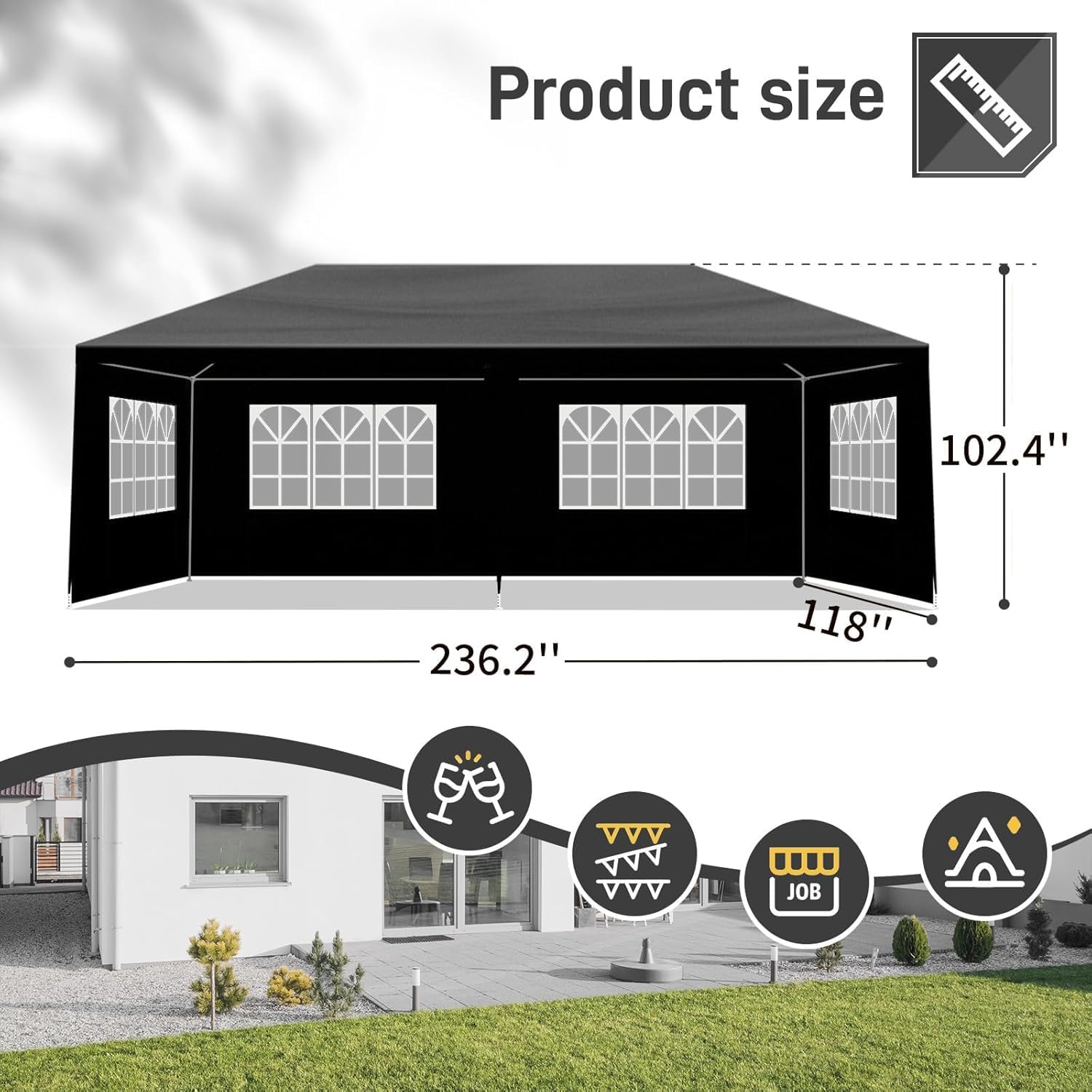 Party Tent for Outdoor Wedding, Birthday, Event, Patio Gazebo, Carport Canopy Shade With Removable Sidewalls & Transparent Window (10'x20'/6 Sidewalls Black)