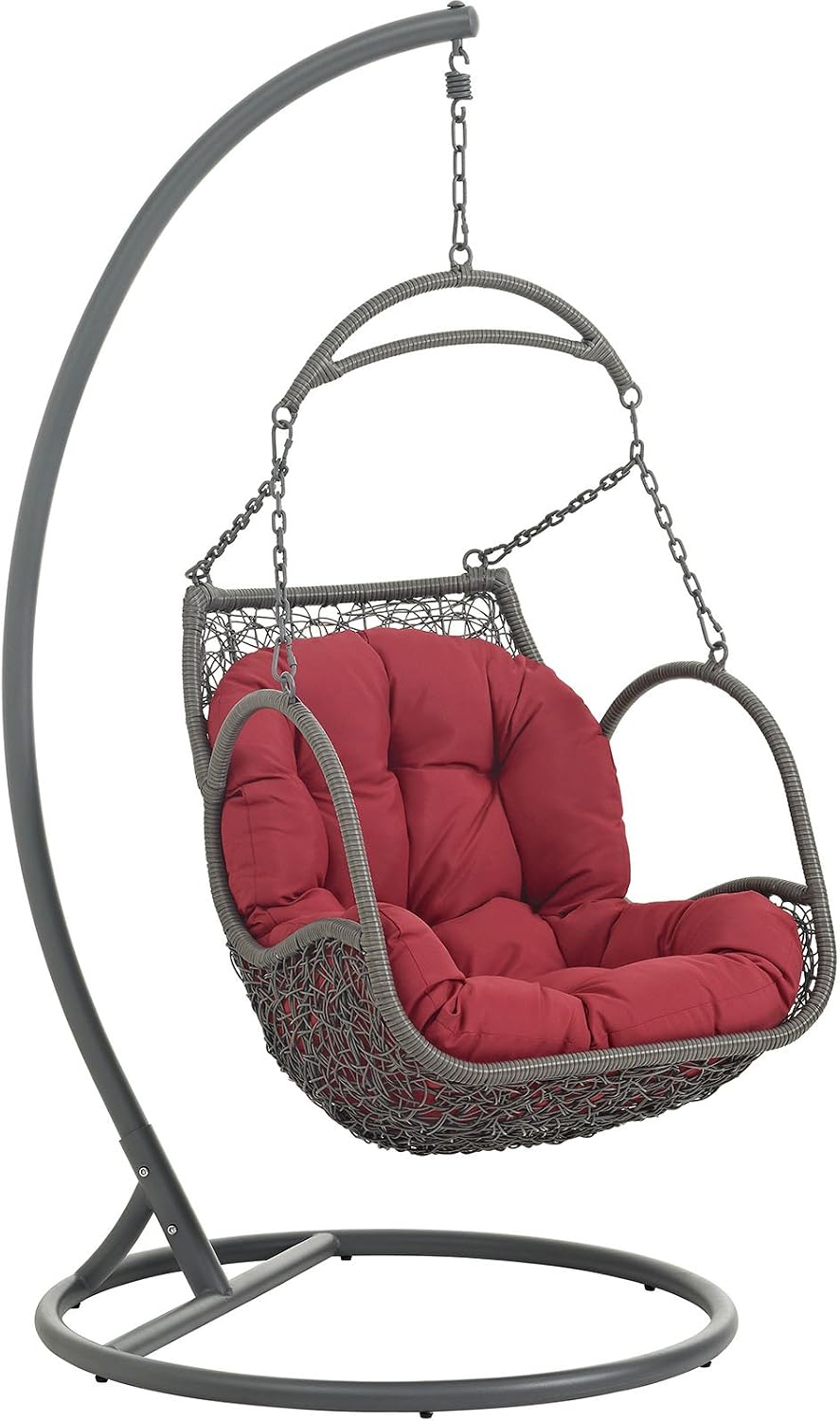 Modway Arbor Wicker Rattan Outdoor Patio Porch Lounge Hanging Swing Chair Set with Stand in Red