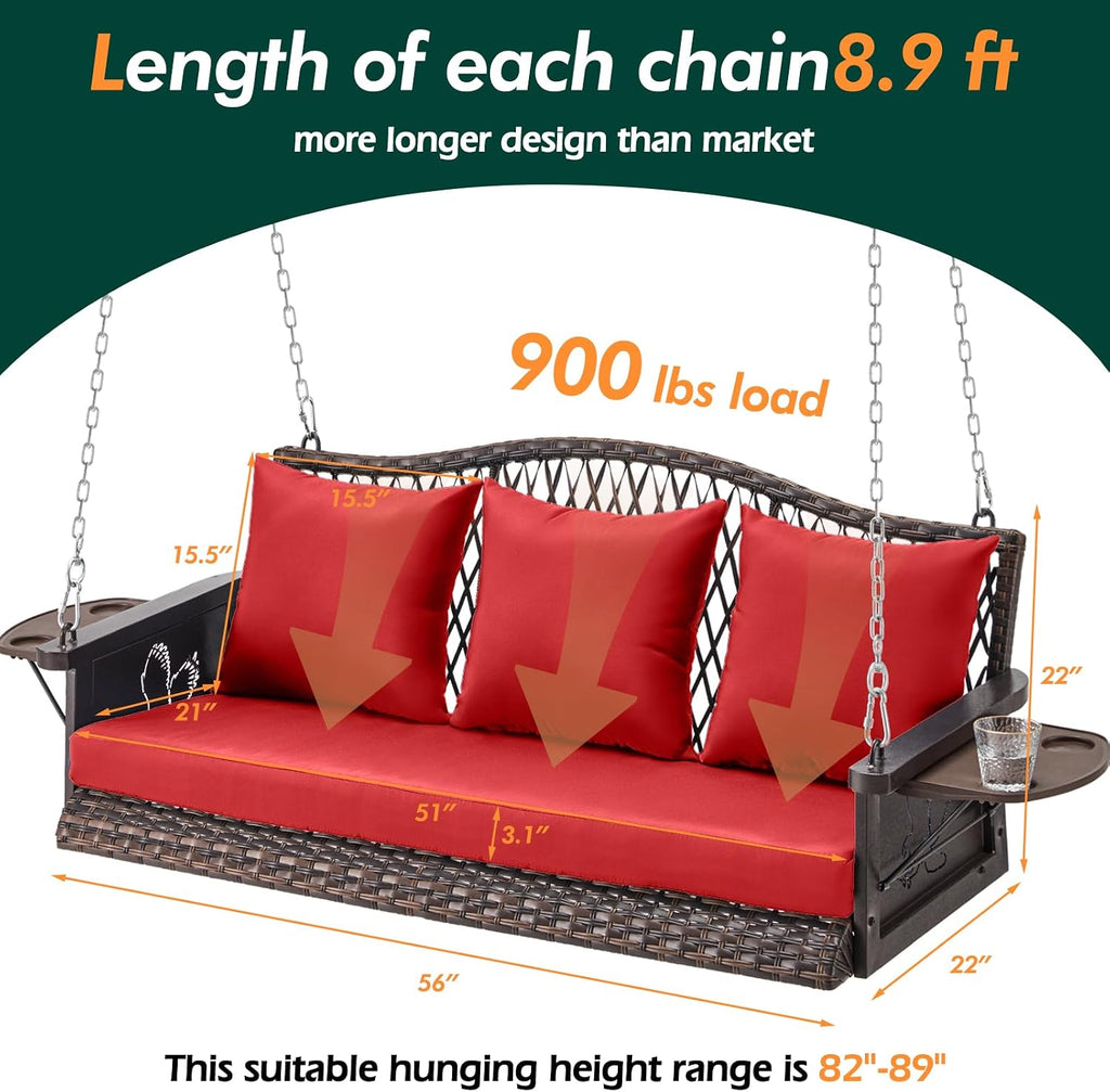 ZZW Upgraded Wicker Hanging Porch Swing Heavy Duty 900 LBS 3-Seat Outdoor Patio Swing Chair Bench for Adult w/ 8.9ft Hanging Chains Cushions and Cup Holder