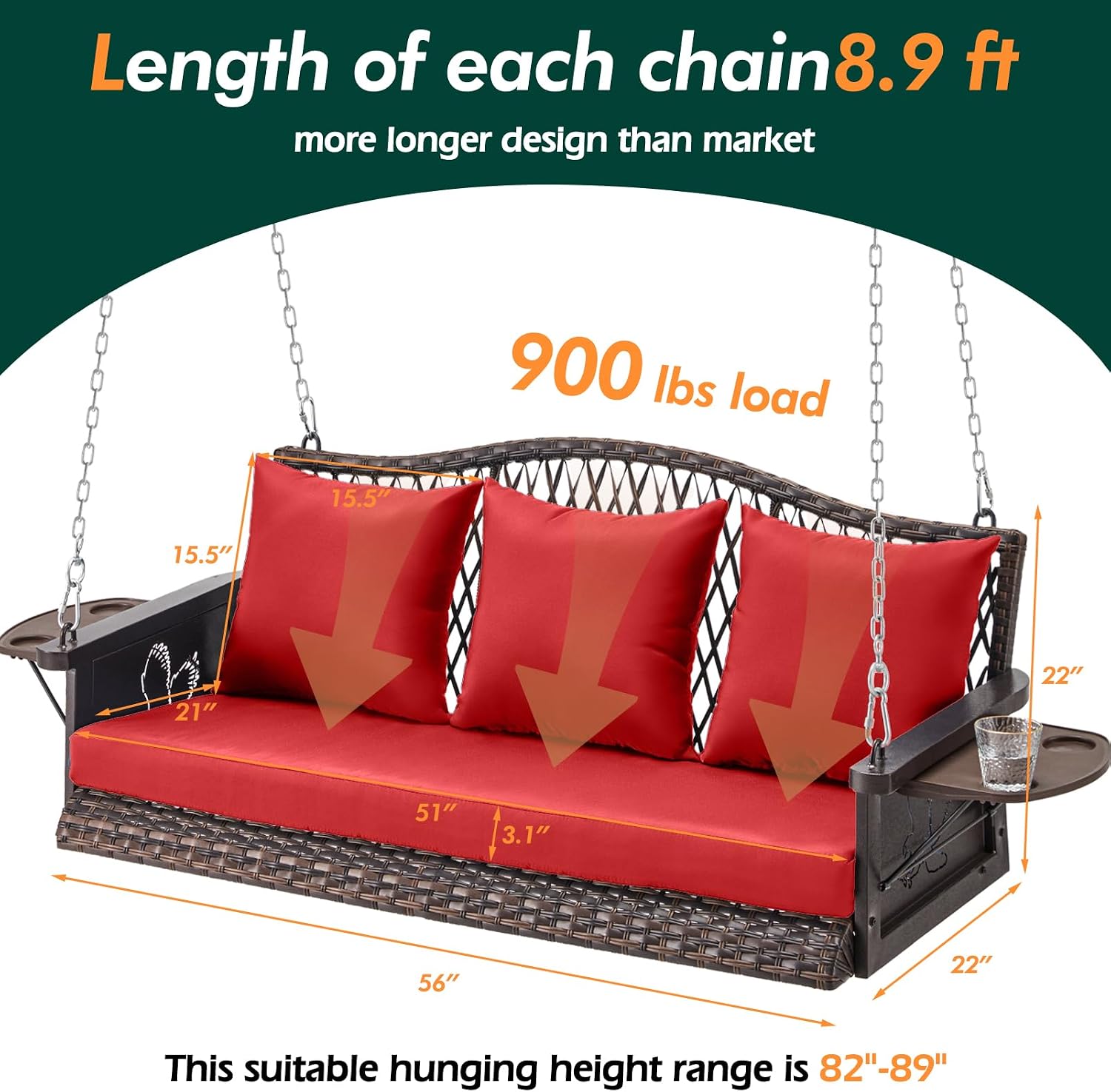 ZZW Upgraded Wicker Hanging Porch Swing Heavy Duty 900 LBS 3-Seat Outdoor Patio Swing Chair Bench for Adult w/ 8.9ft Hanging Chains Cushions and Cup Holder