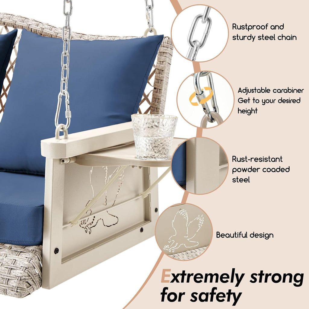 ZZW Upgraded Wicker Hanging Porch Swing Heavy Duty 900 LBS 3-Seat Outdoor Patio Swing Chair Bench for Adult w/ 8.9ft Hanging Chains Cushions and Cup Holder(Grey/Blue)