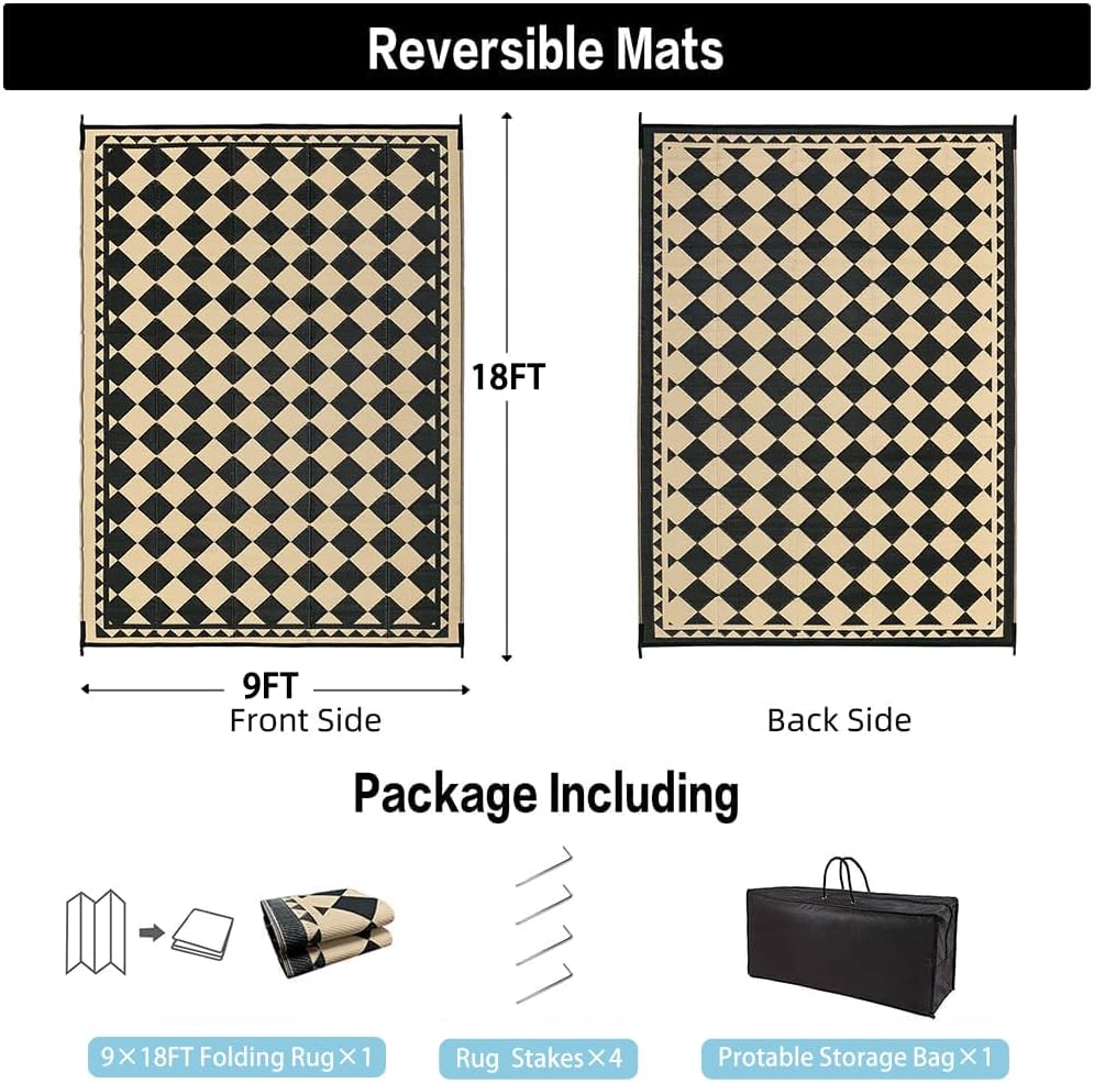 HUGEAR Outdoor Waterproof Rug 9'x18' Plastic Straw Rugs Washable Reversible Floor Mat Beige Plaid Carpet for Camping RV Deck Entryance Porch Picnic Balcony Beach Backyard