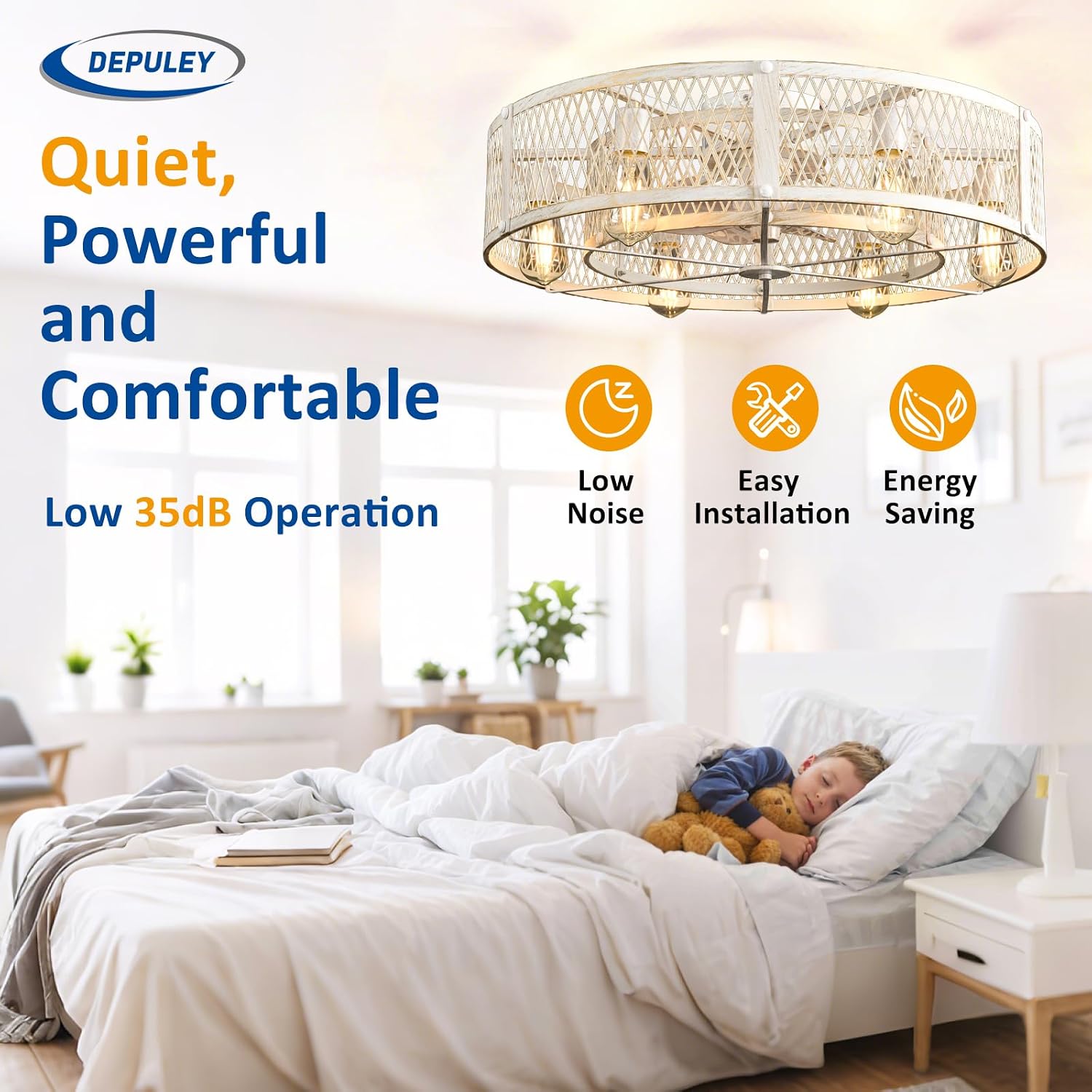Depuley Flush Mount Ceiling Fan: 26' Caged Ceiling Fans with Lights and Remote Control for Kitchen Bedroom Farmhouse - Rustic Low Profile Ceiling Fandelier Lights Reversible 6 Speed Timer Cement