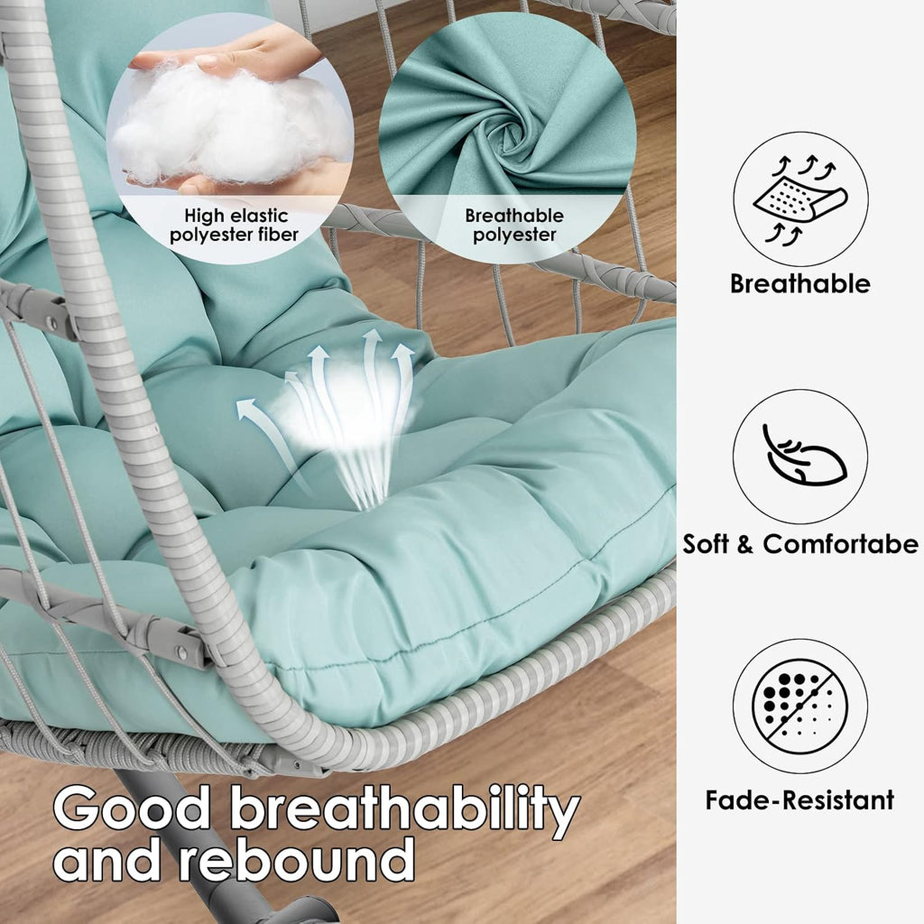 Egg Hanging Chair with Stand Hammock Egg Chair Indoor Outdoor, Wicker Rattan Hanging Swing Chair Basket Egg Chair Aluminum Steel Frame and UV Resistant Cushion for Bedroom Garden Backyard Light Blue