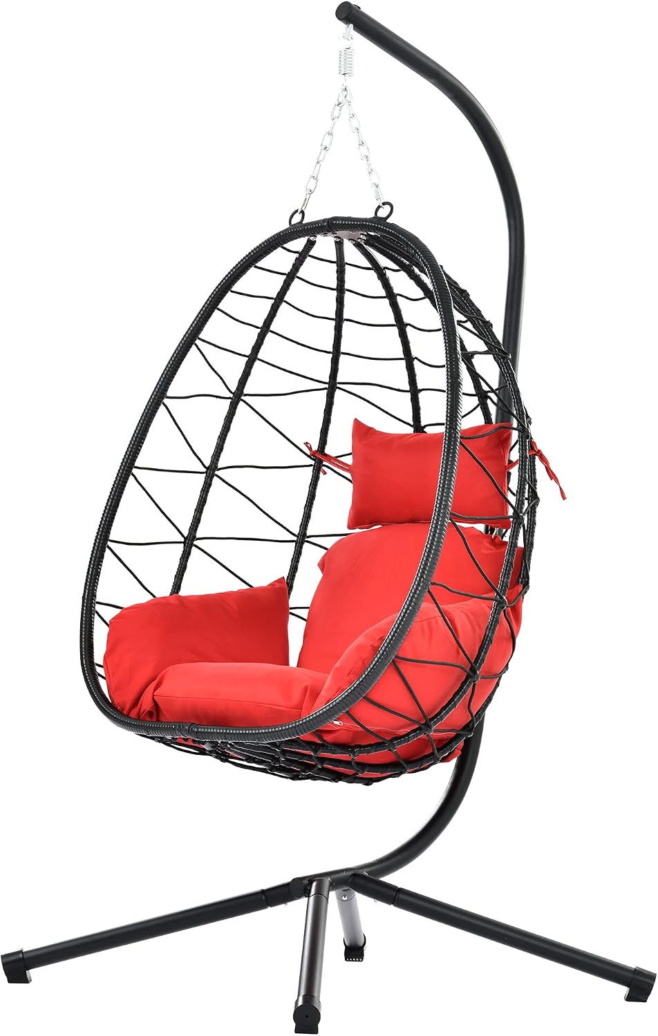 ZSQ Hanging Egg Chair with Stand, Indoor Outdoor Wicker Patio Swing Chair, All-Weather with Cushion (Red)