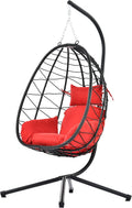 ZSQ Hanging Egg Chair with Stand, Indoor Outdoor Wicker Patio Swing Chair, All-Weather with Cushion (Red)