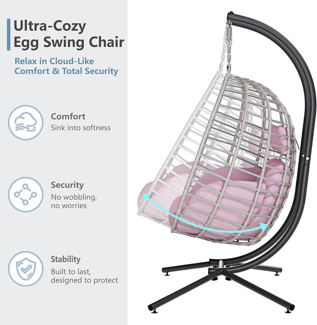 SWITTE Double Egg Swing Chair with Stand, Outdoor Patio 2 Person Hanging Wicker Hammock Chairs with Cushion for Indoor Bedroom, Lawn, Garden-Pink