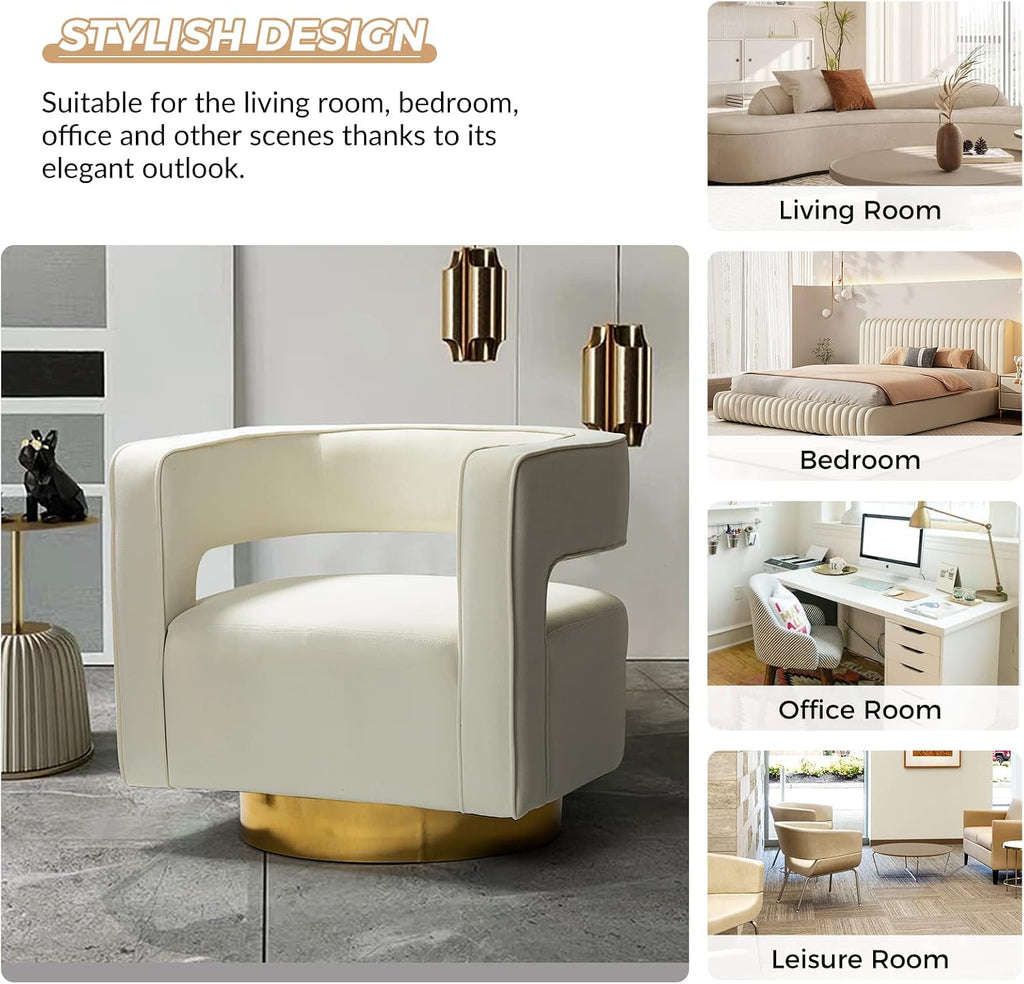 TINA'S HOME Swivel Accent Barrel Chair, Modern Velvet Armchair with 3D Curved Open Back & Swivel Gold Metal Base, Upholstered Club Chair for Living Room Bedroom Nursery, Ivory(No Assembly Required)