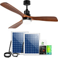 Solar Ceiling Fan 42' for Outside 3 Speeds, Outdoor Ceiling Fans with Light & Battery, Quiet Wood Walnut Fan with Adjustable Thermostat for Gazebo, Patios