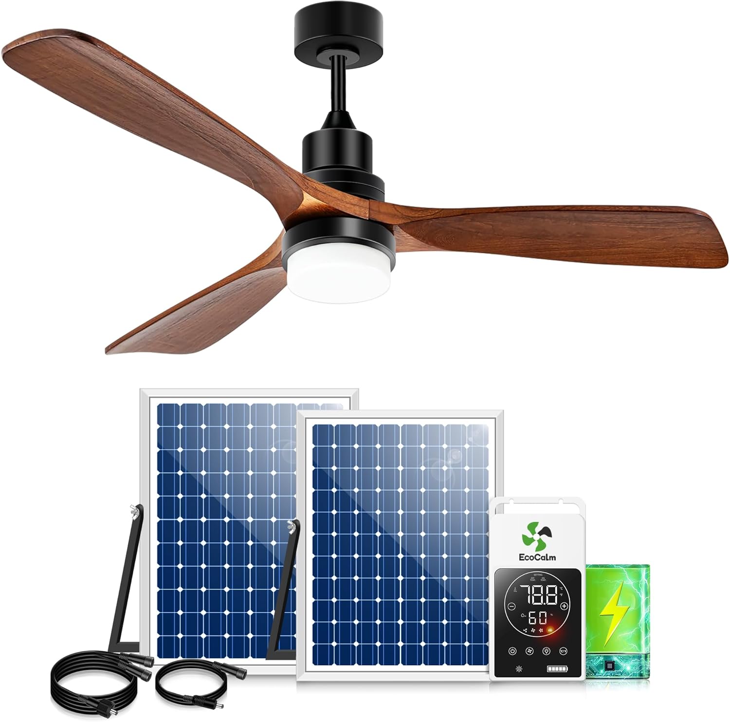 Solar Ceiling Fan 42' for Outside 3 Speeds, Outdoor Ceiling Fans with Light & Battery, Quiet Wood Walnut Fan with Adjustable Thermostat for Gazebo, Patios