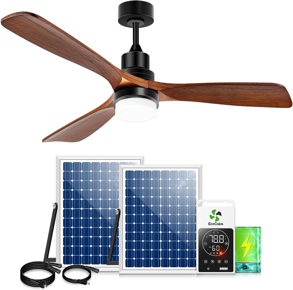 Outdoor Ceiling Fan with Light & Battery, 52' Solar Ceiling Fans for Outside 3 Speeds, Quiet Wood Walnut Fan with Adjustable Thermostat for Gazebo, Patios