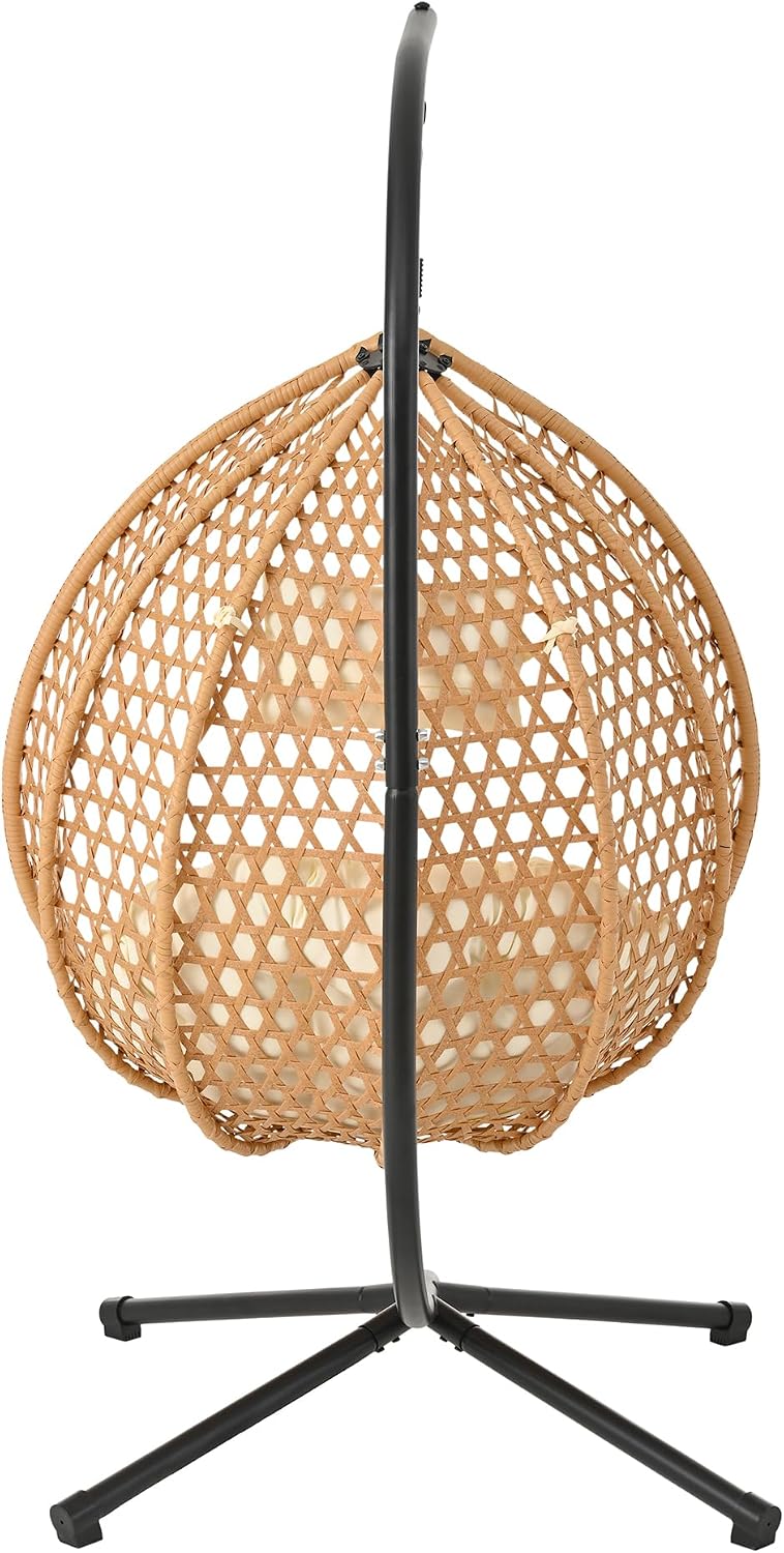 Polibi Hanging Egg Chair with Stand - PE Rattan Indoor Outdoor Swing Chair Heavy Duty 330lbs - Breathable Hollowed Design & Adjustable Headrest - Patio Balcony Garden Lounger,Beige+Brown+Yellow